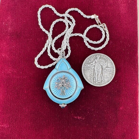 Stunning1920's Swiss Made 925 Silver Guilloche Powder Blue Watch Maracsite Motif - Picture 7 of 10